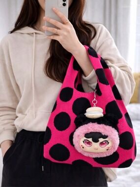 BARBIE PINK DOT MINI KNOT WRISTLET BAG POLKA DOT KNIT STATEMENT PURSE